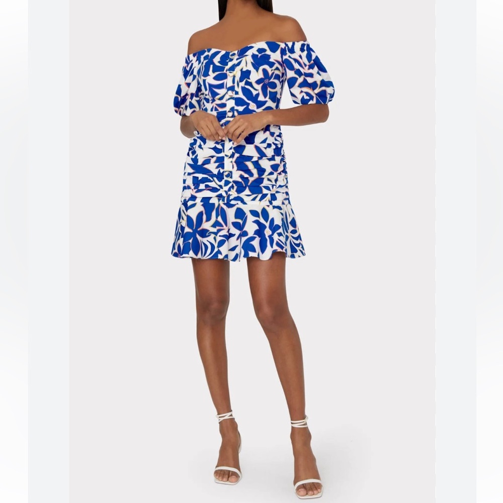 Milly NWT Nell Collage Floral Print Mini Dress 10 Off Shoulder Blue Cotton
